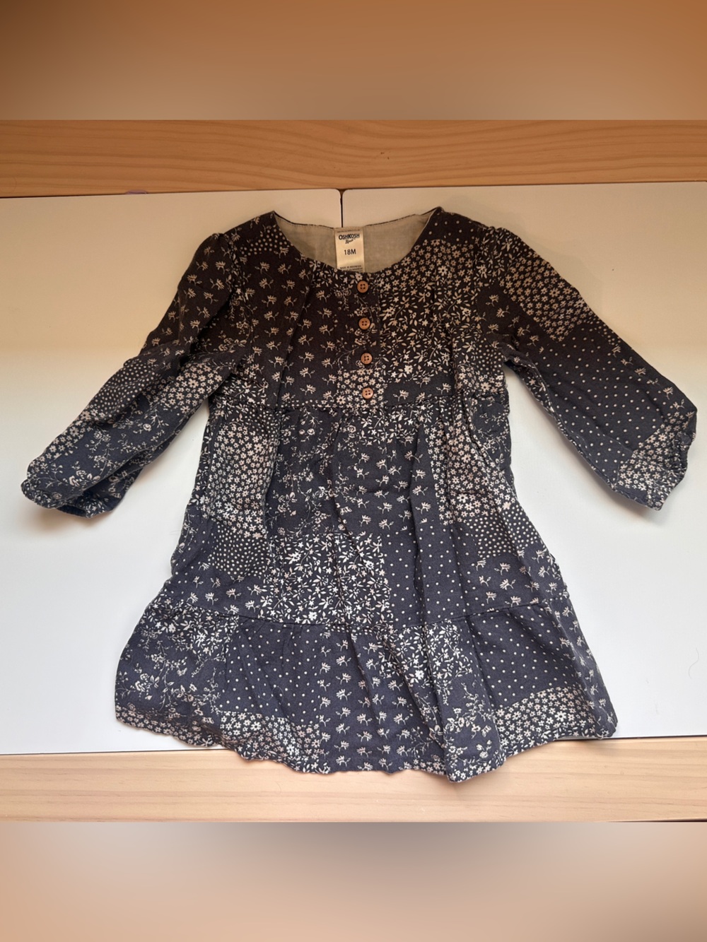 OshKosh B’gosh Long Sleeve Grey Floral Patchwork Dress 18m